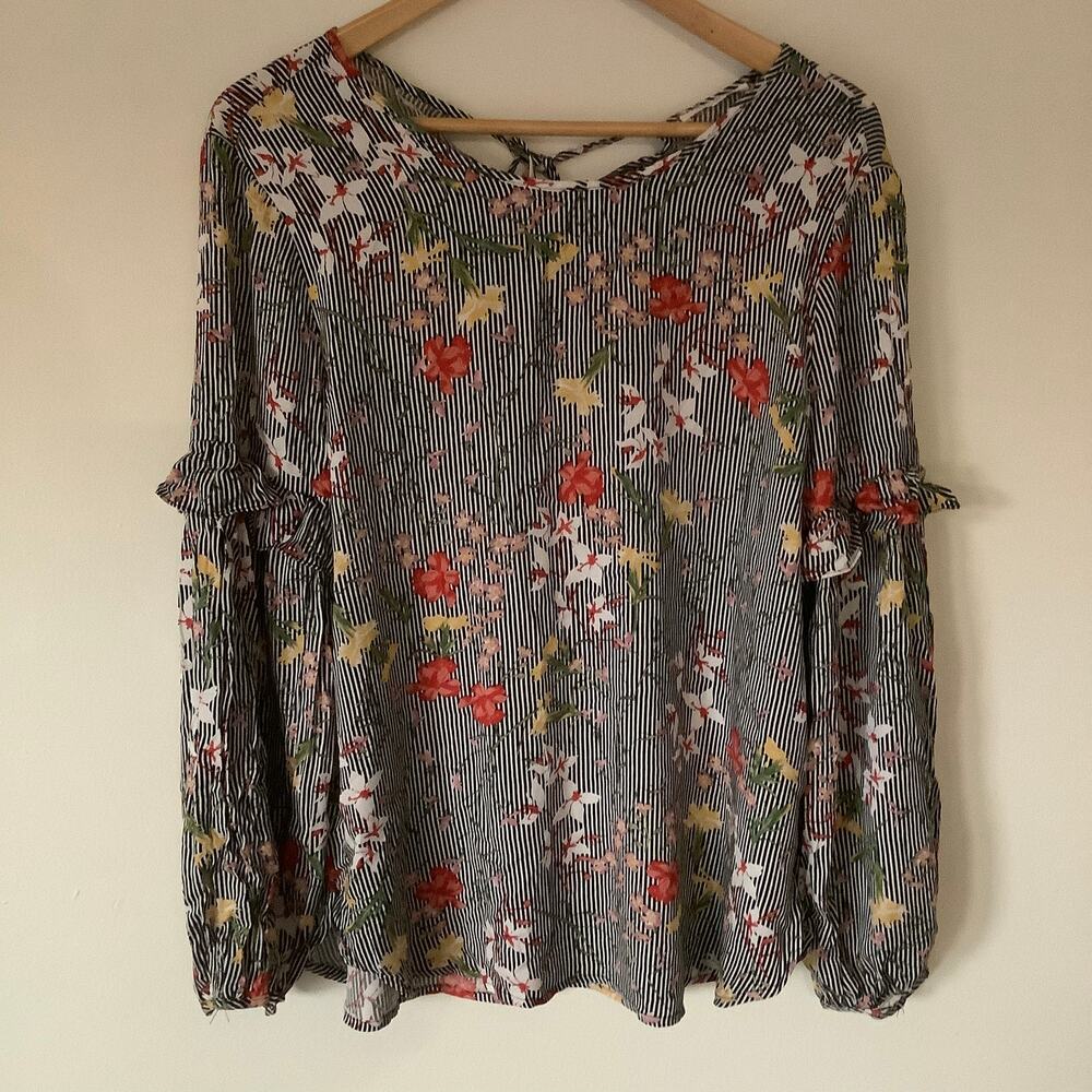 Pleione Womens Floral Striped Print Ruffled Long Sleeve Blouse Size Medium